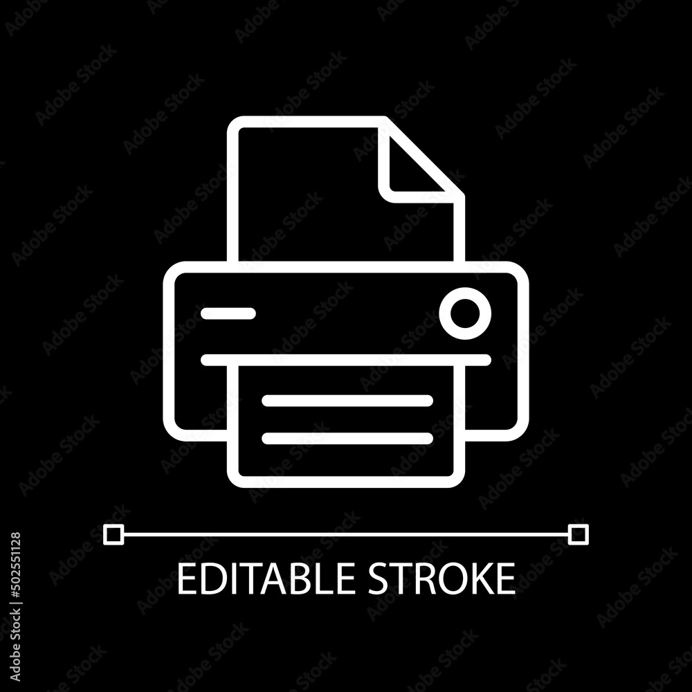 Printer pixel perfect white linear icon for dark theme. Office equipment. Device for work purposes. Thin line illustration. Isolated symbol for night mode. Editable stroke. Arial font used Printer pixel perfect white linear icon for dark theme. Office equipment. Device for work purposes. Thin line illustration. Isolated symbol for night mode. Editable stroke. Arial font used