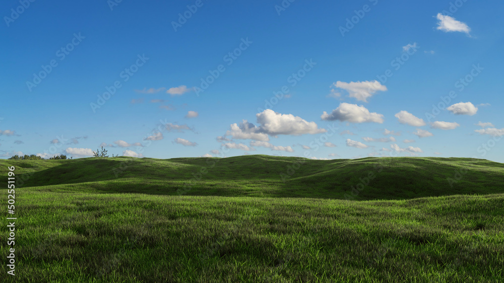 Idyllische Landschaft mit grüner Wiese und Hügeln