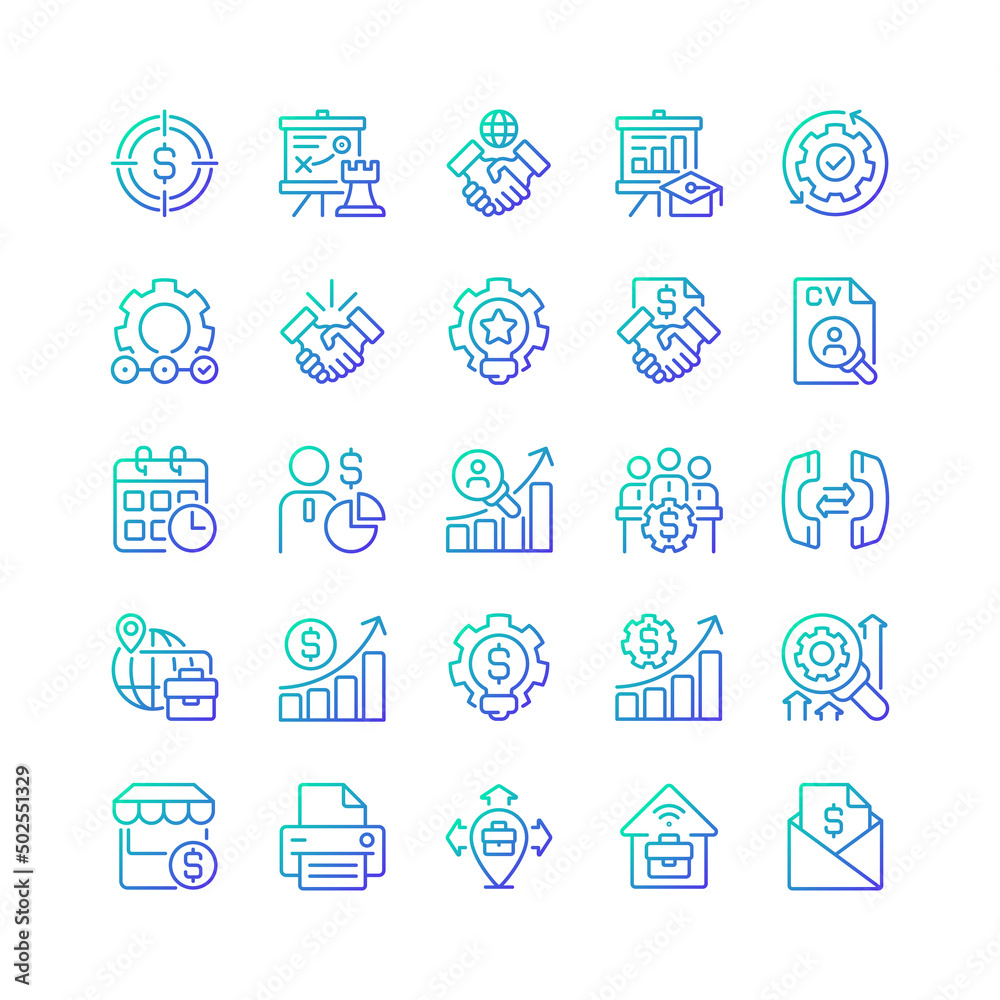 Business management gradient linear vector icons set. Marketing and sales. Corporate finance. Company growth. Thin line contour symbol designs bundle. Isolated outline illustrations collection