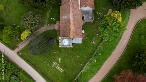 Birds eye view ascending over a church tower in Canterbury England photo