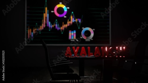 Avalance text on boardroom table and stock market charts on wall tv screen. Fictional 3d render blockchain crypto currency concept animation. photo