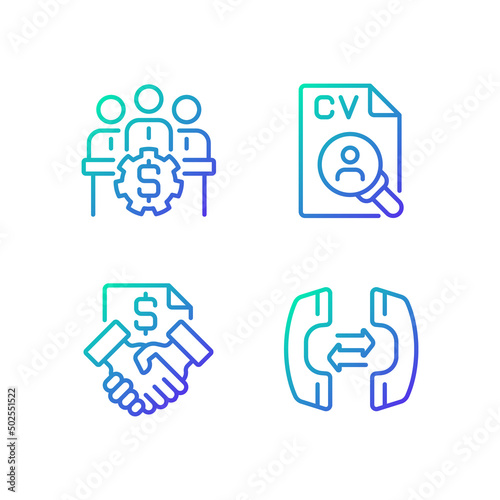 Business operations gradient linear vector icons set. Board of directors. Staffing process. Phone communication. Thin line contour symbol designs bundle. Isolated outline illustrations collection