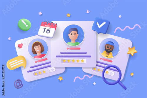 Candidate for job concept 3D illustration. Icon composition with different CVs of job seekers, scheduling interview date, process of searching and hiring. Vector illustration for modern web design