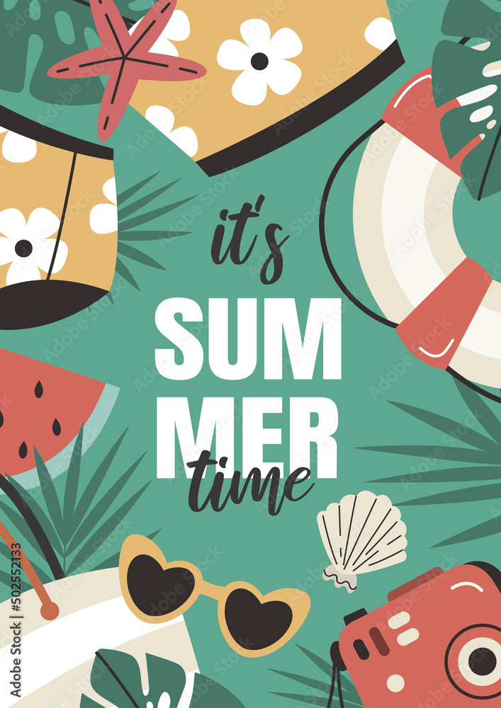 Poster with summer holiday attributes. Summer card in vector. Illustration for posters, cover art, flyer, banner.