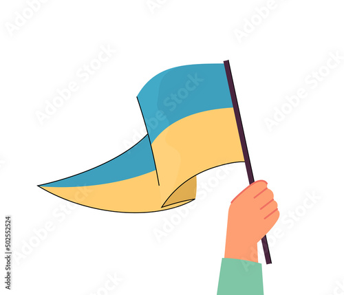 Ukrainian flag in human hand flat vector illustration. Striving for peace. Support, freedom, independence, nation concept for banner, website design or landing web page