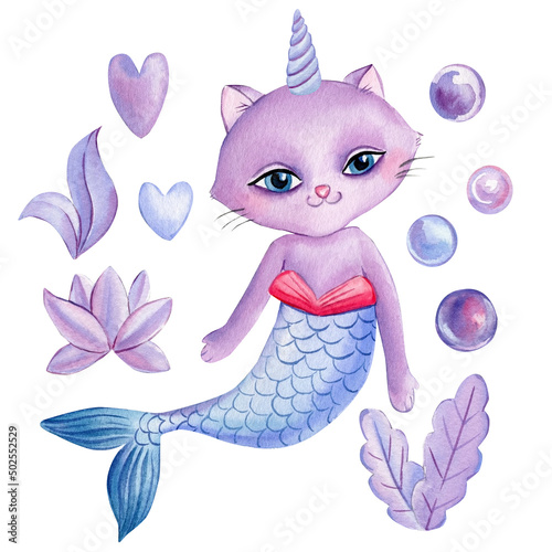 Violet unicorn cat, mermaid on an isolated white background. Watercolor illustration