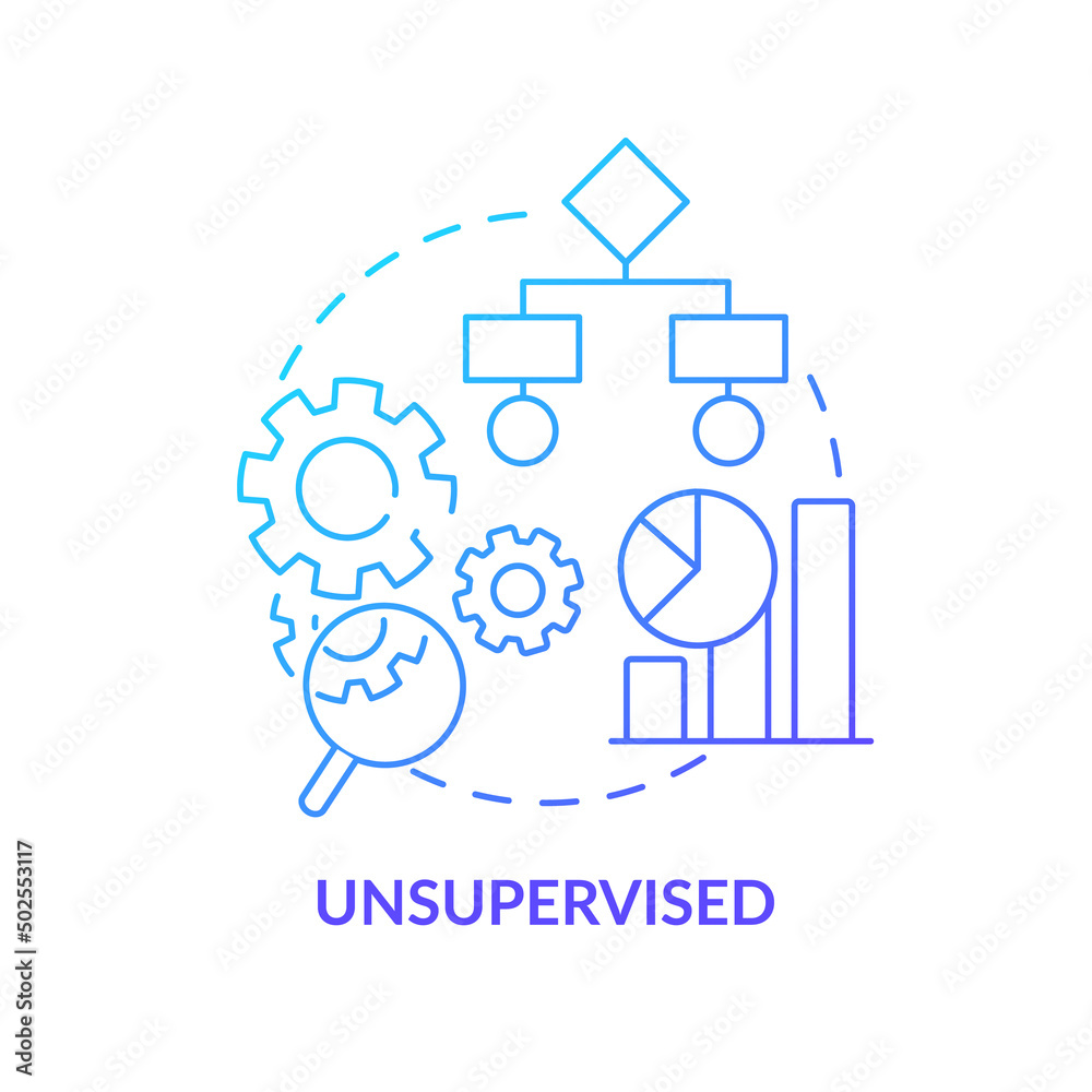 Unsupervised blue gradient concept icon. Untagged data input. Category of machine learning abstract idea thin line illustration. Isolated outline drawing. Myriad Pro-Bold font used