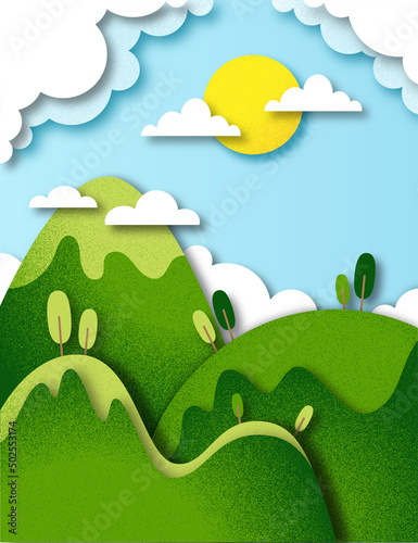 Bright summer view of green mountains and blue sky in cutout style	