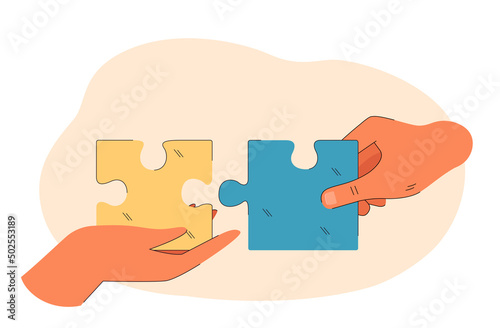 Hands connecting blue and yellow puzzle flat vector illustration. Jigsaw, connection, solution, praying, support, independence concept for banner, website design or landing web page