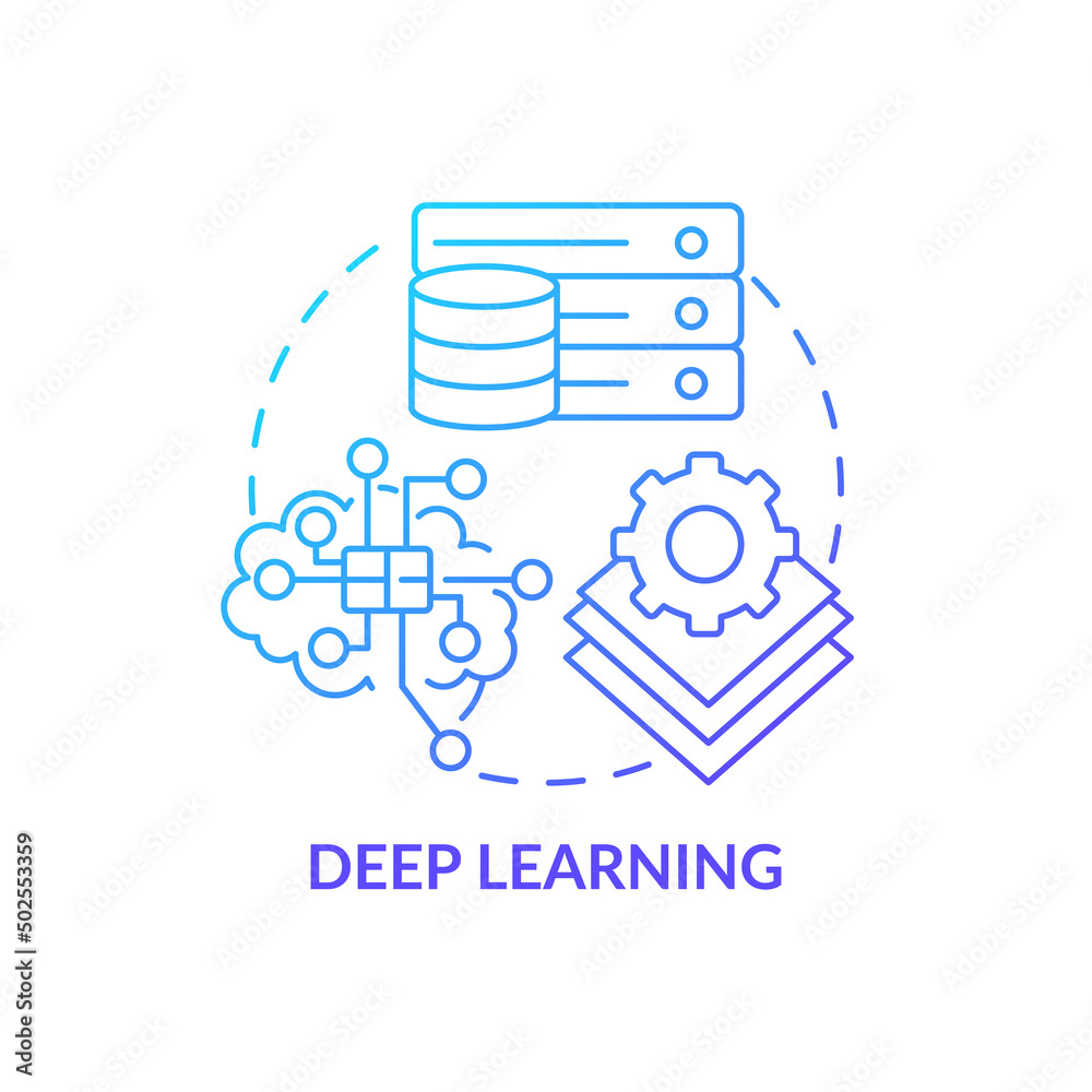 Deep learning blue gradient concept icon. Excessive amount of data. Field of machine learning abstract idea thin line illustration. Isolated outline drawing. Myriad Pro-Bold font used Deep learning blue gradient concept icon. Excessive amount of data. Field of machine learning abstract idea thin line illustration. Isolated outline drawing. Myriad Pro-Bold font used