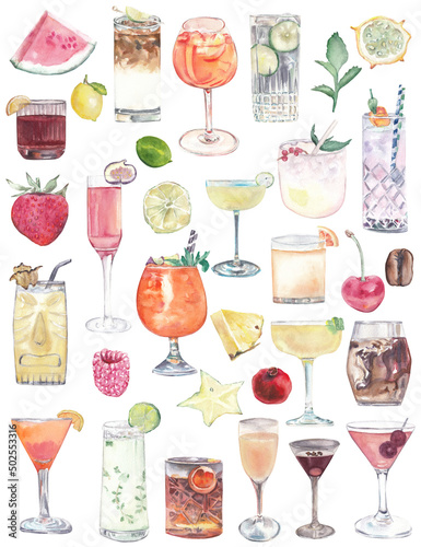 Cocktails and ingredients illustrations. Different cocktails and food isolated on white. Watercolor clipart. Set of drinks.