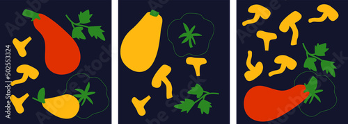 Cute appetizing Vegetables collection. Decorative abstract horizontal banner with colorful doodles. Hand-drawn modern illustrations with Vegetables, abstract elements. Abstract pumpkin, mushrooms