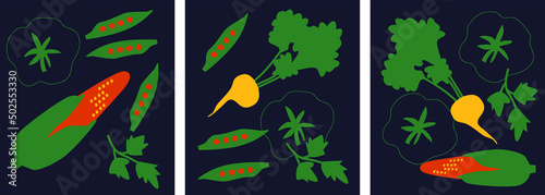 Cute appetizing Vegetables collection. Decorative abstract horizontal banner with colorful doodles. Hand-drawn modern illustrations with Vegetables, abstract elements. Abstract beet corn, peas ect.