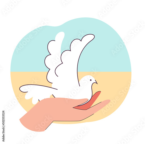 White peace dove in human hand flat vector illustration. Flying pigeon in background of Ukraine flag. Freedom, support, help concept for banner, website design or landing web page