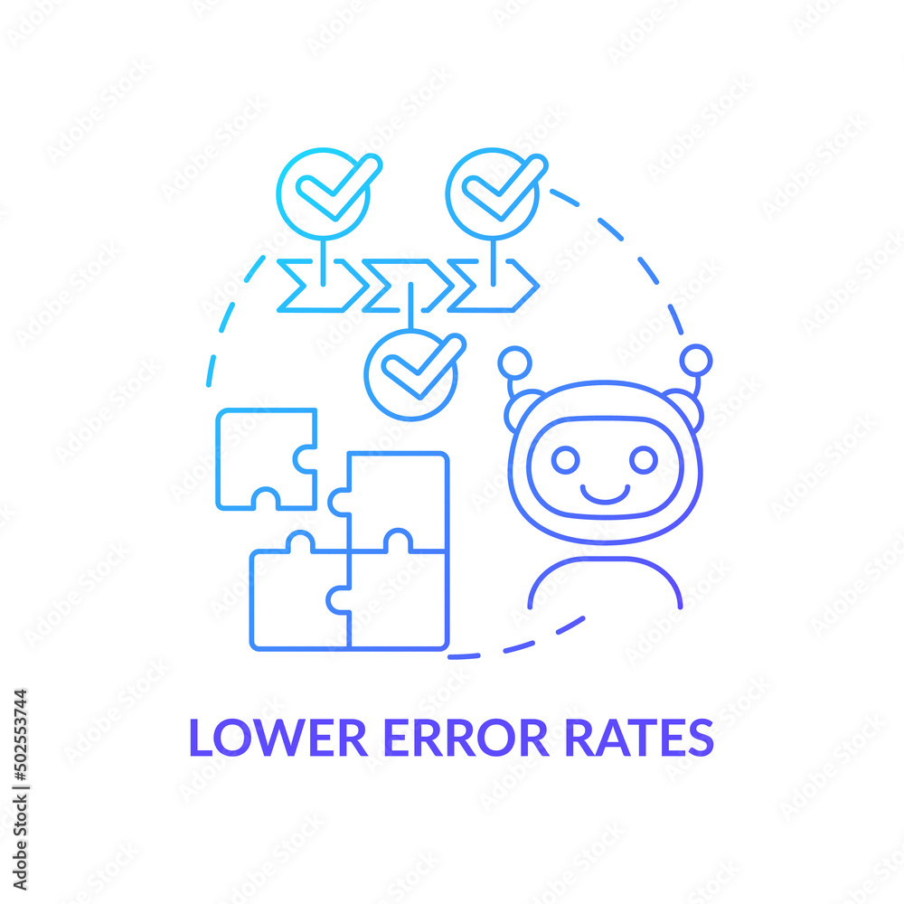 Lower error rates blue gradient concept icon. Accurate decisions. Artificial intelligence advantage abstract idea thin line illustration. Isolated outline drawing. Myriad Pro-Bold font used Lower error rates blue gradient concept icon. Accurate decisions. Artificial intelligence advantage abstract idea thin line illustration. Isolated outline drawing. Myriad Pro-Bold font used