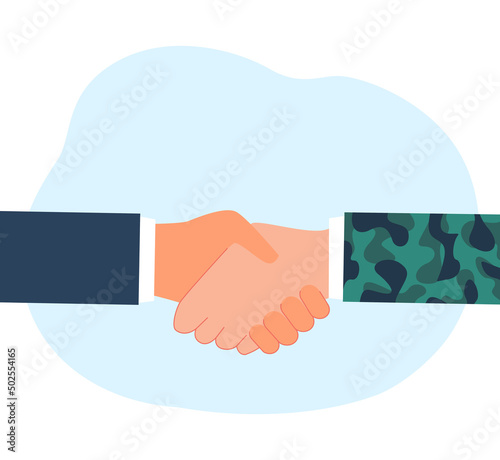 Military officer and civilian shaking hands. Successful negotiations, making peace flat vector illustration. Communication concept for banner, website design or landing web page