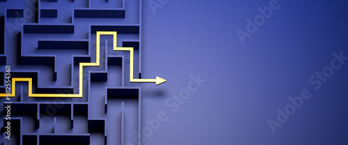 Concept - solving a complex problem. Blue maze and floor with yellow solution path with arrow. Banner size. photo