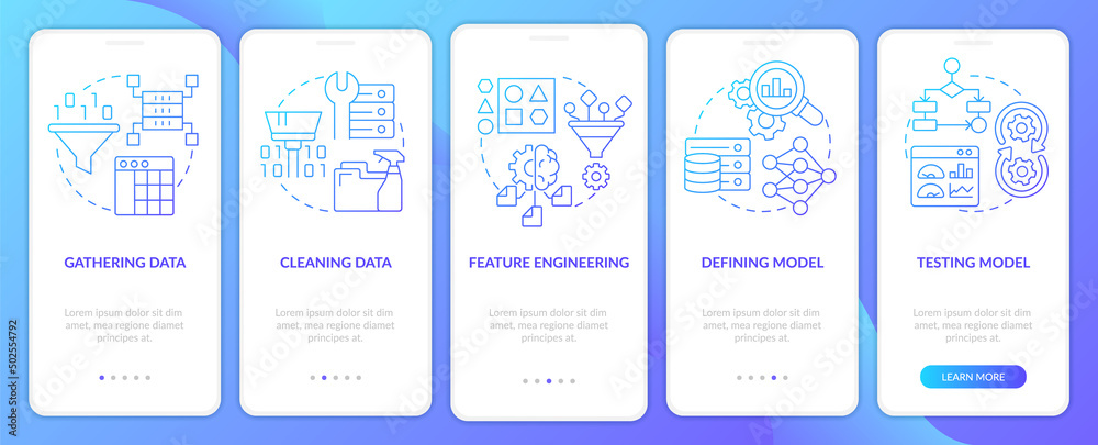 Problem solving steps in ML blue gradient onboarding mobile app screen. Walkthrough 5 steps graphic instructions pages with linear concepts. UI, UX, GUI template. Myriad Pro-Bold, Regular fonts used