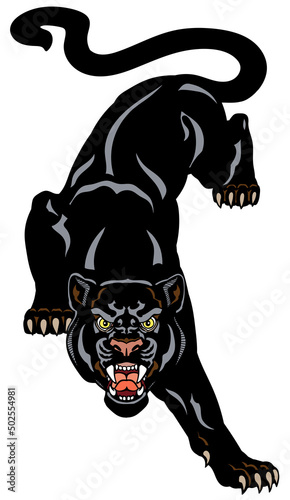 The roaring panther climbs down looking straight ahead. Aggressive black leopard. Front view. Tattoo style vector illustration