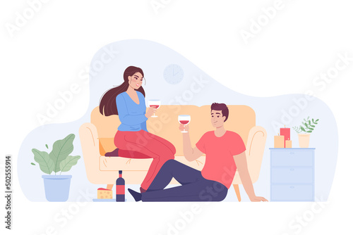 Couple having date at home while drinking wine or champagne. Woman sitting on couch and man sitting on floor flat vector illustration. Love, romance relationship, anniversary concept for banner
