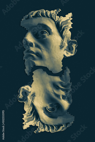 Collage with antique sculpture of human face in surreal style. Modern creative concept image with ancient statue head. Zine culture. Contemporary art poster. Funky punk minimalism. Unusual design.
