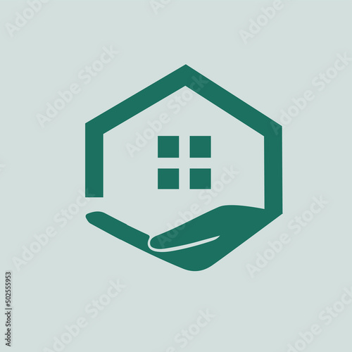 Home care icon in flat style. Hand hold house vector illustration on white isolated background. Building quality business concept.

