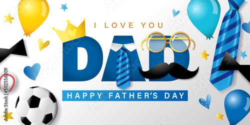 Fathers day poster template with necktie glasses and soccer ball. Vector illustration with typography I love you DAD and blue striped tie for Father's Day banner