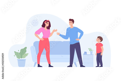 Angry parents arguing in front of crying child. Abusive relationship between wife and husband flat vector illustration. Unhappy family, conflict concept for banner, website design or landing web page