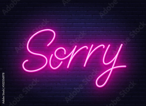Sorry neon sign on brick wall background