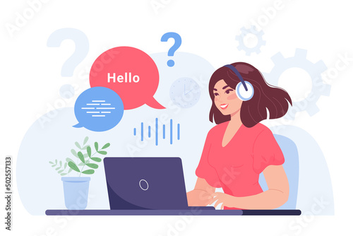 Female customer service worker in headphone in front of laptop. Call operator talking to client flat vector illustration. Customer support, communication concept for banner or landing web page