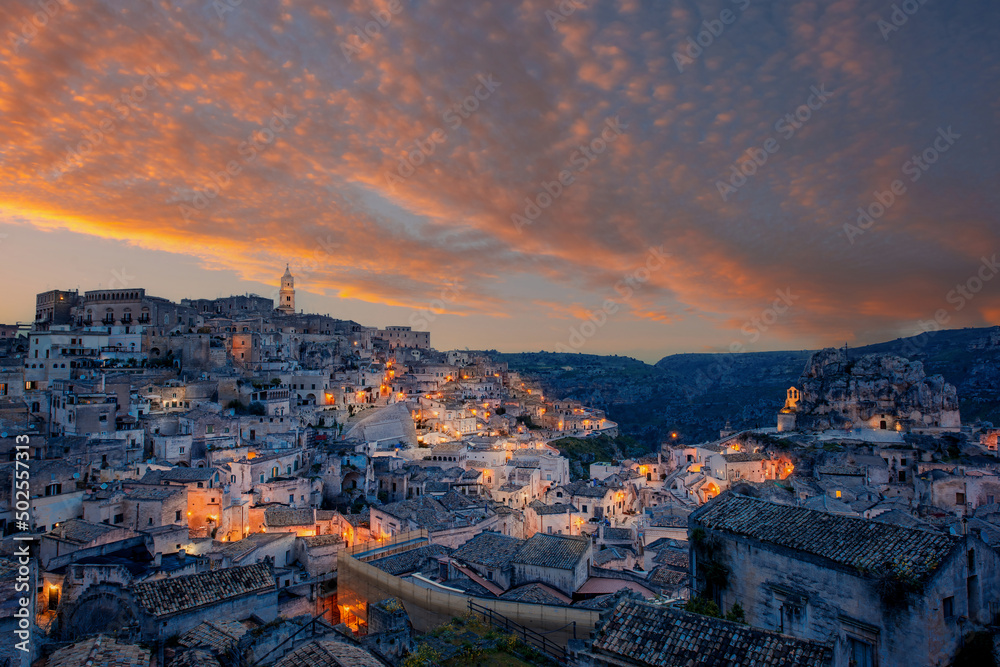 The old town of Matera, Basilicata, Southern Italy during a beautiful sunset.(Sassi di Matera)blue hour and city lights