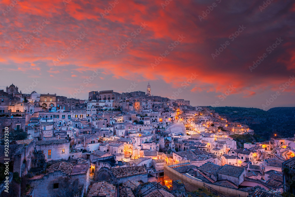 The old town of Matera, Basilicata, Southern Italy during a beautiful sunset.(Sassi di Matera)blue hour and city lights