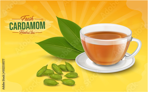 Green cardamom pods with cardamom  herbal tea with green leaves on orange background