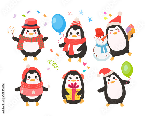 Comic penguin celebrating Christmas vector illustrations set. Cute wild bird cartoon character in scarf with balloons, confetti, gift isolated on white background. Winter holidays, decoration concept