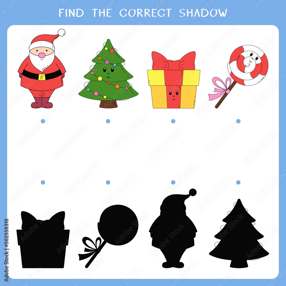Fototapeta premium Find the correct shadow for Christmas symbols. Vector worksheet of simple educational game for kids