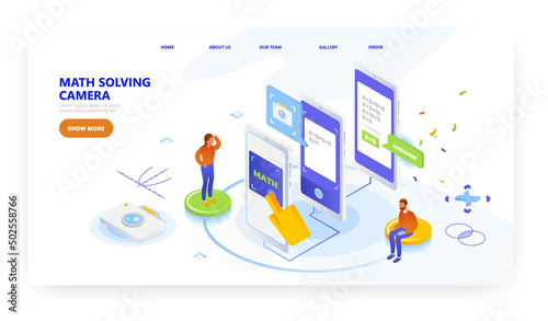 Math solving camera, landing page design, website banner vector template. Photo equations solver app. Online calculator.