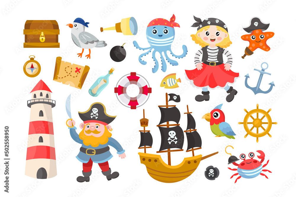 Different pirate elements for kids flat vector illustrations set. Cartoon  ship captain, female character, treasure map and chest, cute, crab,  underwater animals, anchor, lighthouse. Adventure concept Stock Vector |  Adobe Stock