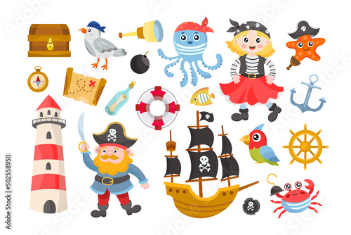 Different pirate elements for kids flat vector illustrations set. Cartoon ship captain, female character, treasure map and chest, cute, crab, underwater animals, anchor, lighthouse. Adventure concept