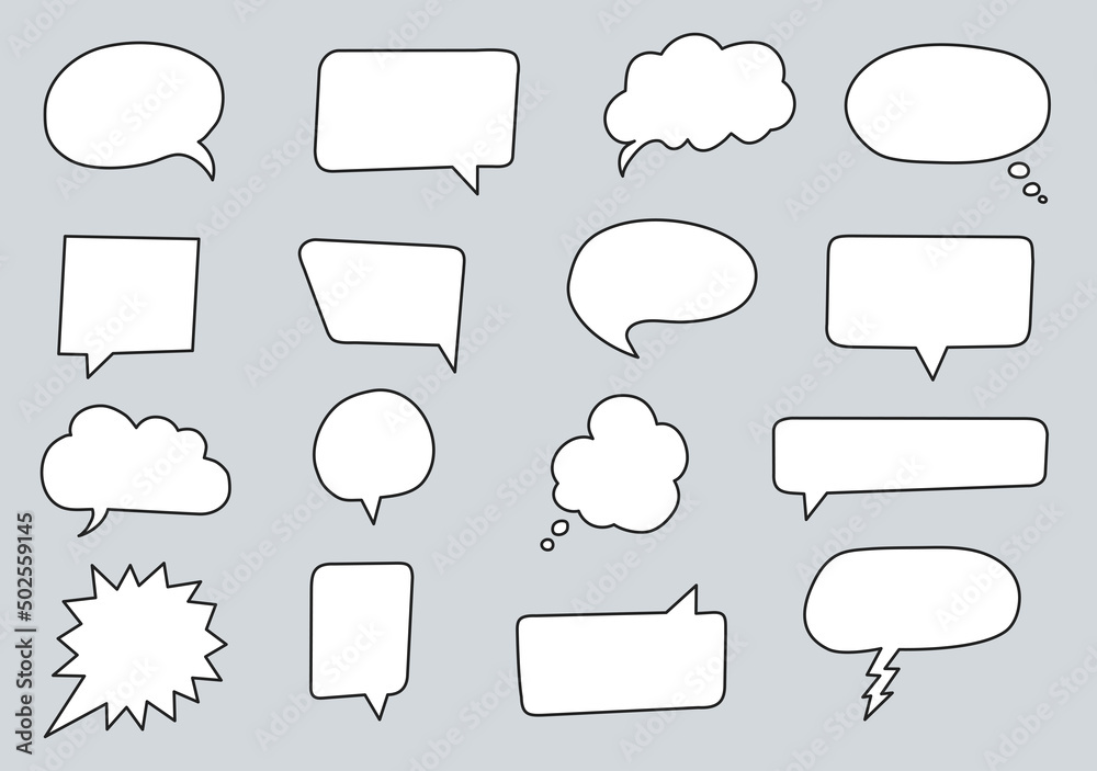 Hand drawn set of speech bubbles isolated on grey background. Vector illustration.