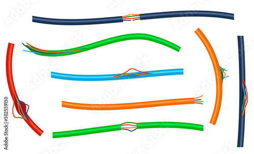 Damaged wires of different colors vector illustrations set. Broken or disconnected electrical cables isolated on white background. Maintenances, electricity, technology concept photo