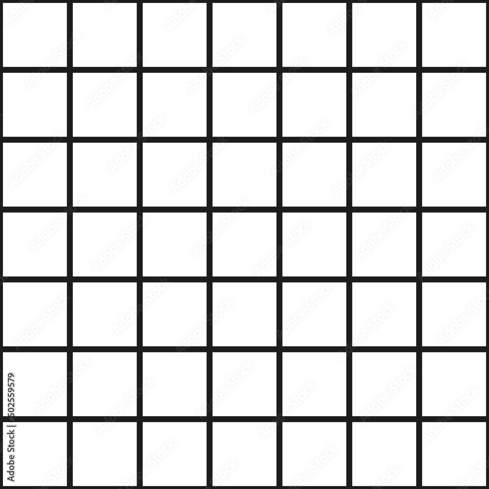 White squares and tiles, background with black horizontal and vertical lines. Seamless and repeating pattern. Editable vector illustration.