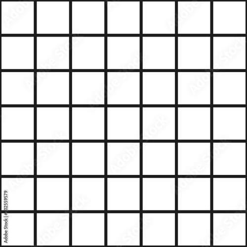 White squares and tiles, background with black horizontal and vertical lines. Seamless and repeating pattern. Editable vector illustration.