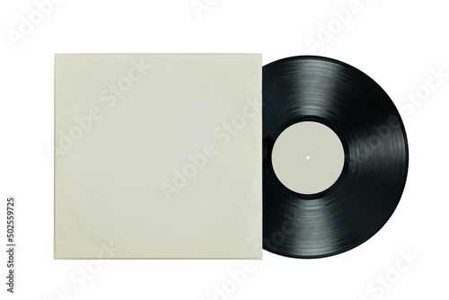 Vinyl record in white paper case. Mockup vinyl envelope. Music album sleeve. Music vintage style. Classic audio. Analog sound. Flat lay isolated on white background