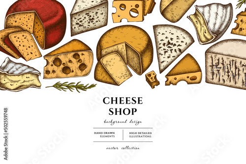 Cheese hand drawn illustration design. Background with retro brie, gouda cheese, roquefort, etc.