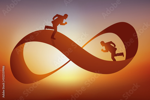 Concept de l’impossible et de l’impasse avec deux hommes qui courent en sens inverse sur un ruban symbolisant l’infini.