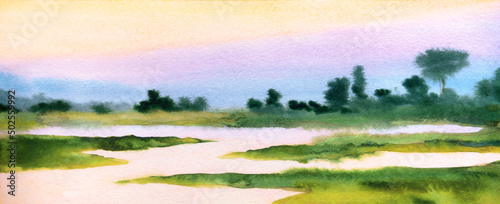 Watercolor landscape. Sunset on the lake photo