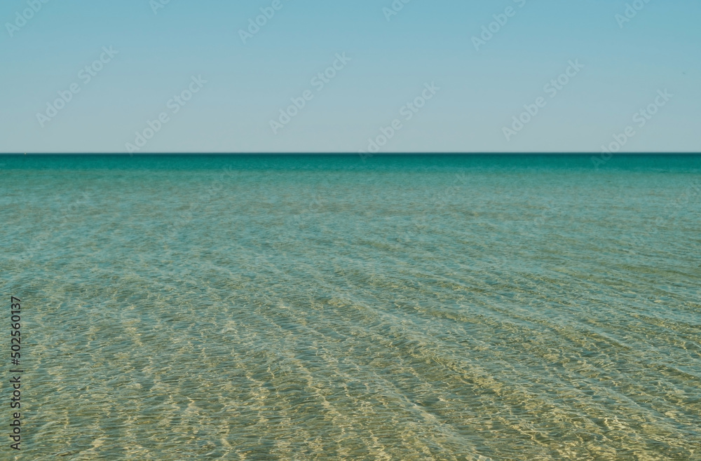 Green sea panorama in shallow water with sun reflection in water, vast open sea with clear sky, ripple wave and calm sea with beautiful sunlight. Wallpaper or banner idea