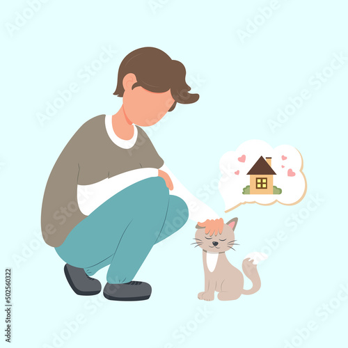 illustration template, a man stroking a stray cat who dreams of finding a home
