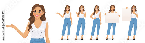 Young woman with curly hairstyle and casual style clothes in different poses set. Various gestures - pointing, showing, standing, holding empty blank board isolated vector ilustration