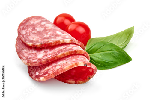 Sliced salami smoked sausage, Traditional dry-cured Milano salami, close-up, isolated on white background. photo